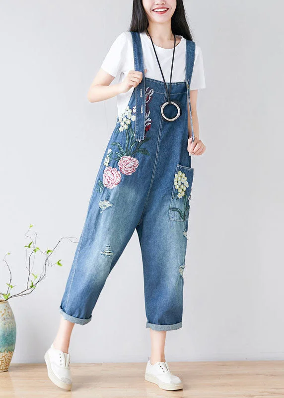 Women Blue Embroideried Cotton Denim Jumpsuits Spring