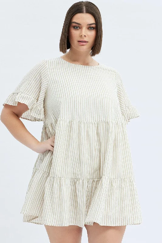 Camel Stripe Smock Dress Short Sleeve Tiered