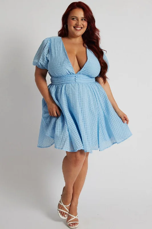 Blue Fit And Flare Dress Short Sleeve