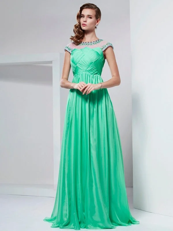 A-Line/Princess High Neck Short Sleeves Ruffles Long Chiffon Dresses