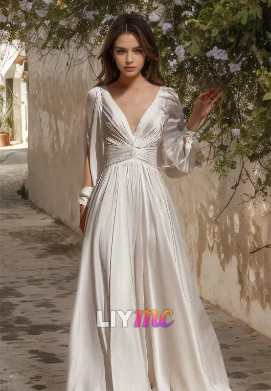 V-Neck Long Sleeves Chiffon Pleated A-Line Beach Wedding Dress