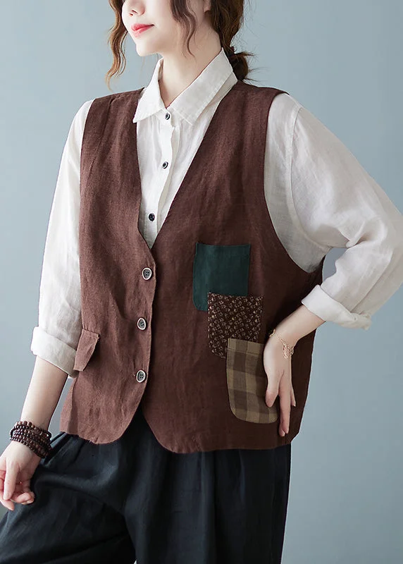 Casual Coffee V Neck Pockets Button Cotton Vest Tops Sleeveless