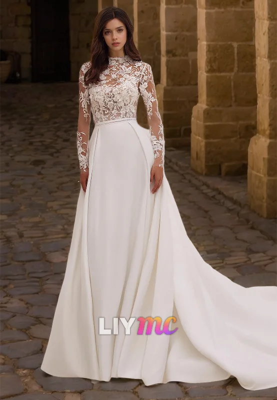 High Neck Long Sleeves Appliques Sleek A-Line Wedding Dress