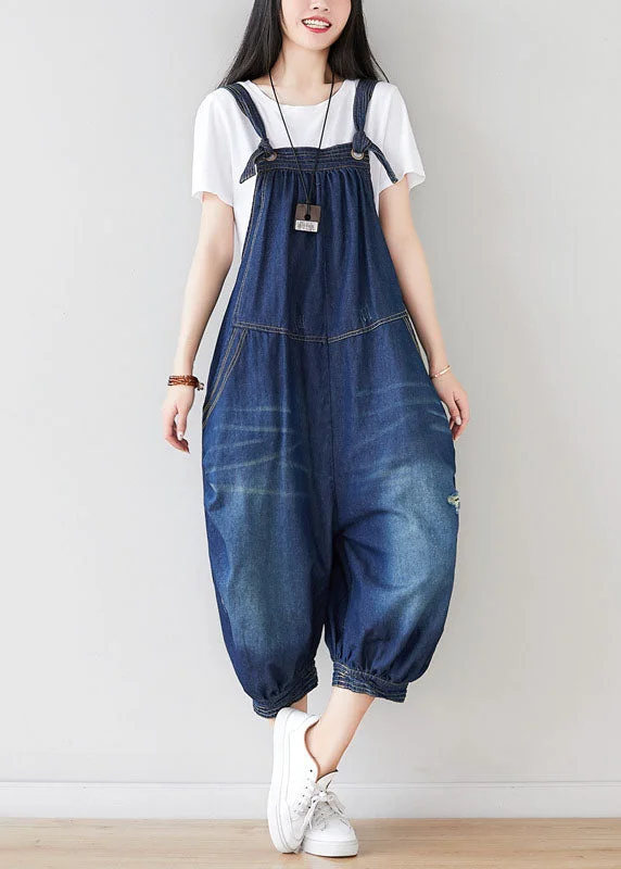 Modern Denim Blue Oversized Cotton Ripped Jumpsuit Spring