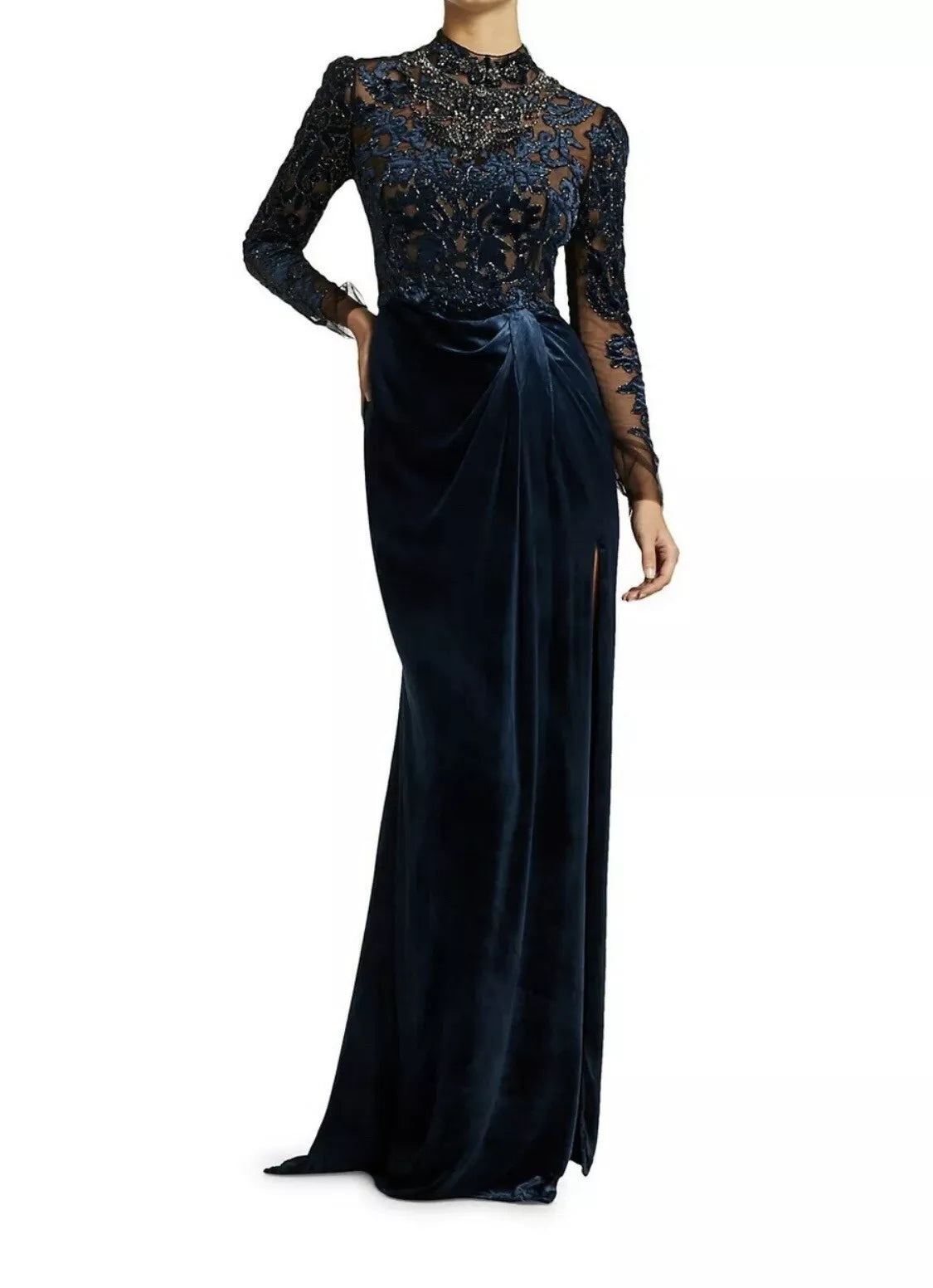 Autumn Winter Velvet Dress Formal Beaded Long sleeves Backless Long Length Split Fork Gorgeous Evening Dress