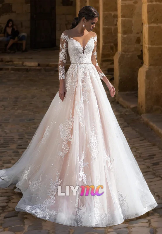 V-Neck Long Sleeves Lace Appliques Ball Gown Wedding Dress