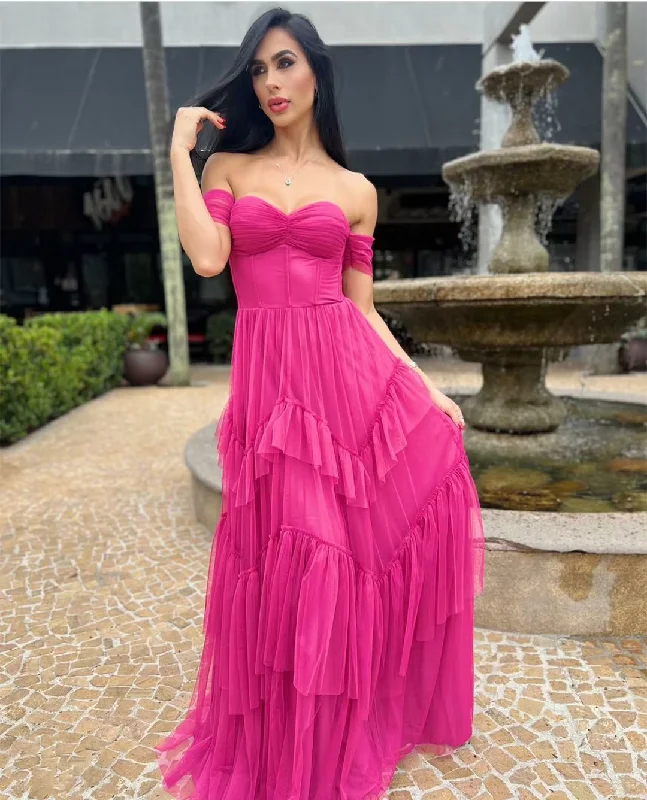 Customized Vintage Long Off Shoulder Fuchsia Tulle Evening Dresses A-Line Pleated Floor Length Prom Formal Party Dress for Women