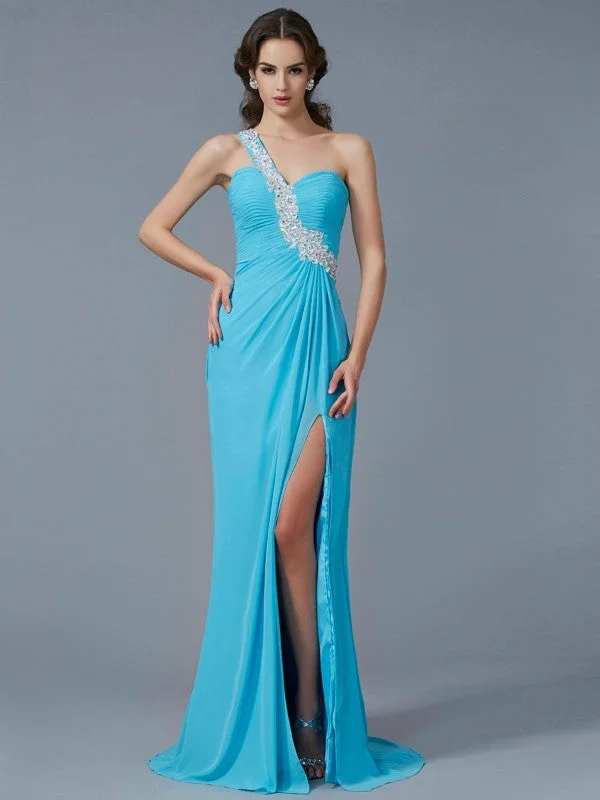 Sheath/Column One-Shoulder Sleeveless Beading Applique Long Chiffon Dresses