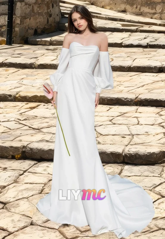 Sweetheart Long Sleeves Ruched Sheath Wedding Dress