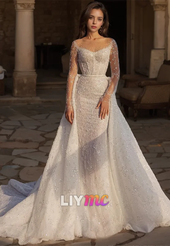 Off-Shoulder Long Sleeves Beaded Mermaid Wedding Dress