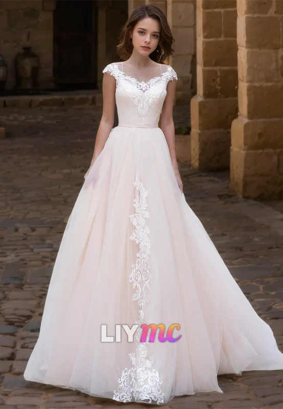 Scoop Cap Sleeves Lace Appliques Tulle A-Line Wedding Dress