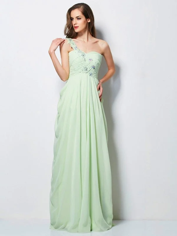 A-Line/Princess One-Shoulder Sleeveless Applique Long Chiffon Dresses