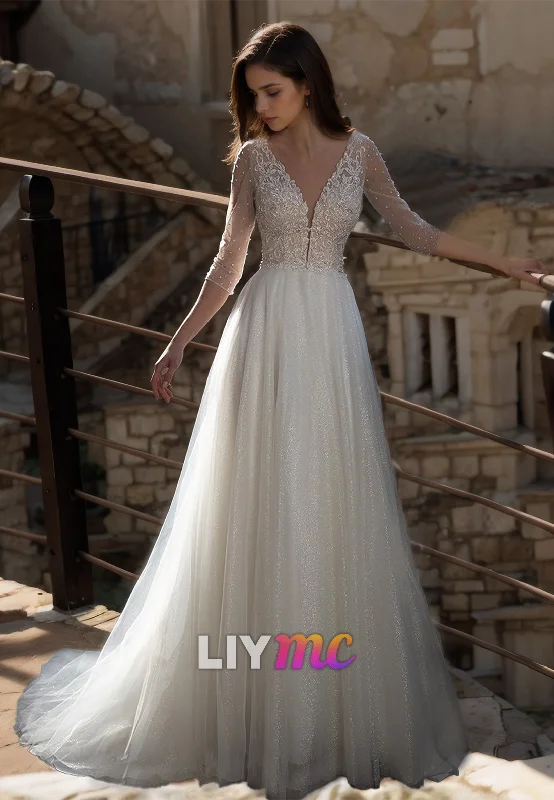 V-Neck Long Sleeves Appliques Tulle A-Line Wedding Dress