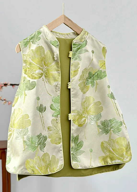 Women Green Stand Collar Print Button Satin Waistcoat Fall