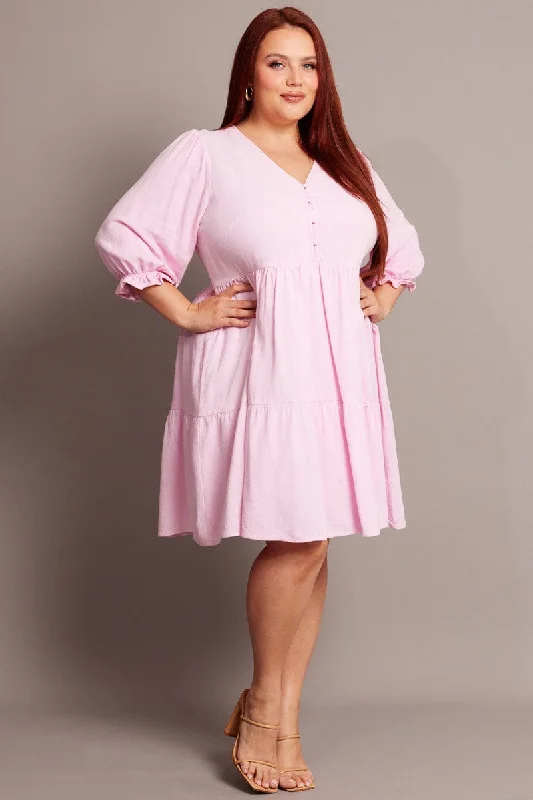 Pink V-neck Button Through Linen Blend Minidress