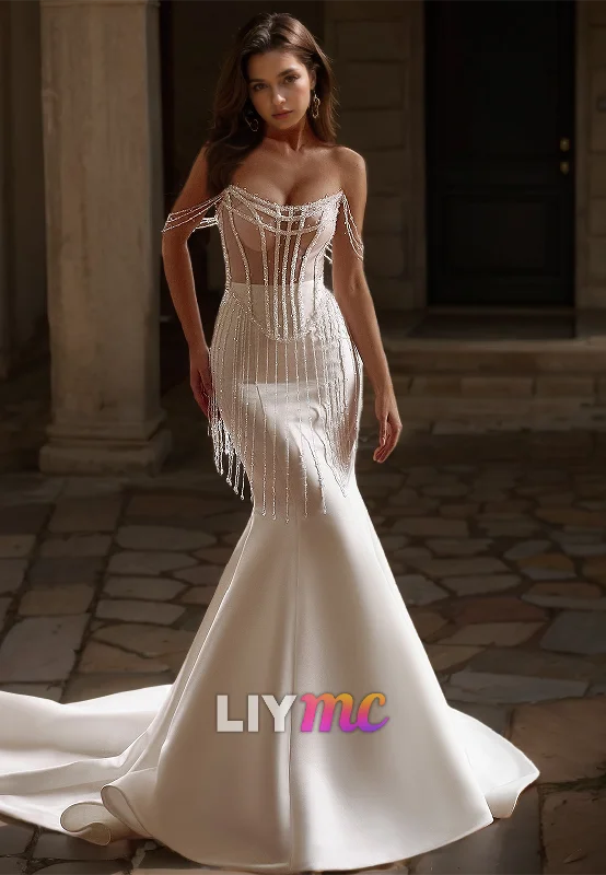 Off-Shoulder Strapless Corset Sleek Frindge Beaded Mermaid Wedding Dress