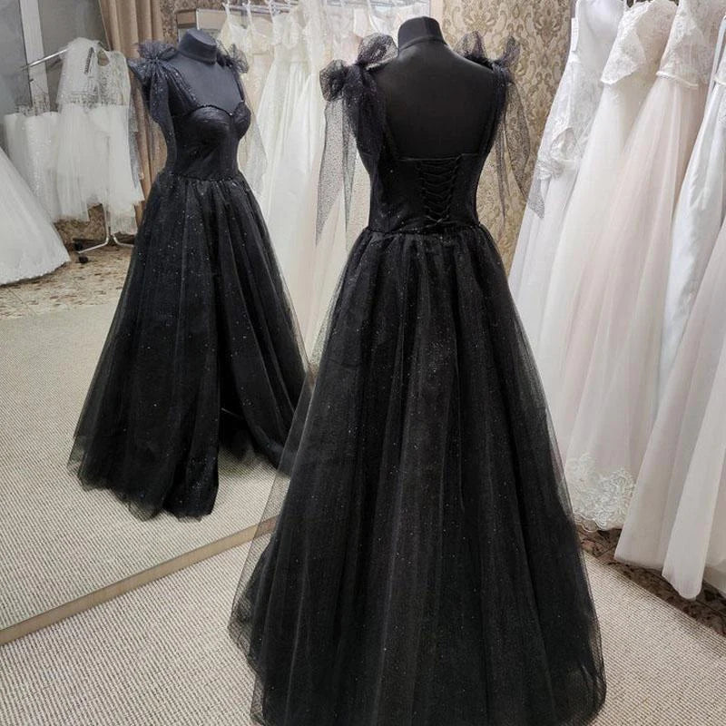 Black Tulle Floor Length Long Party Dress with Slit, Black Evening Dresses