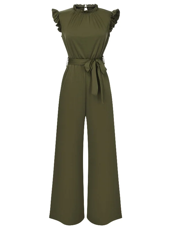 1960s Ruffles Sleeve High Waist Wide-Leg Belted Jumpsuit