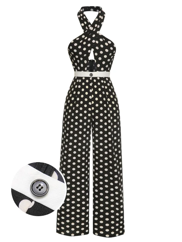 Black 1940s Polka Dots Cross Halter Jumpsuit