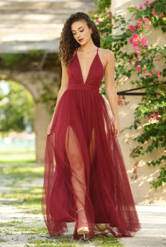 Evening Dress V Neck Tulle Maxi Dress Ruched Bodice Adjustable Criss-Cross Spaghetti Straps Double Slit Skirt Formal Wear Dresses