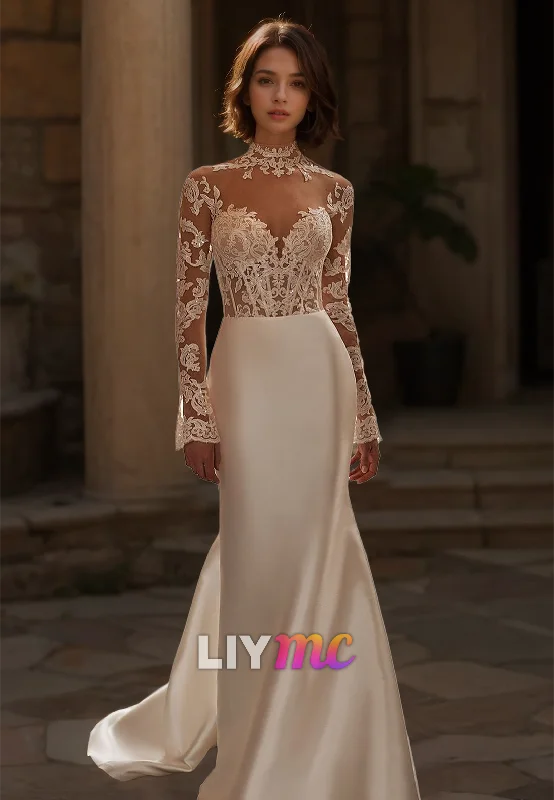 High Neck Long Sleeves Lace Appliques Sheath Boho Wedding Dress