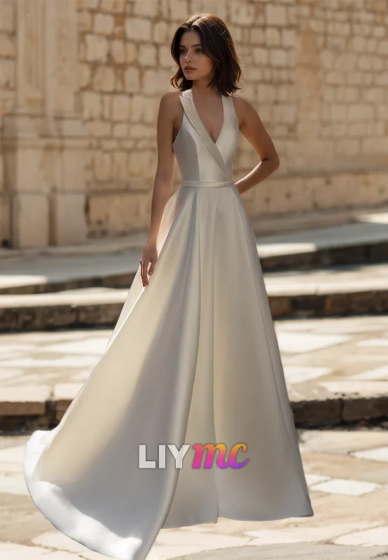 V-Neck Sleeveless Sleek Pleated Satin A-Line Simple Wedding Dress