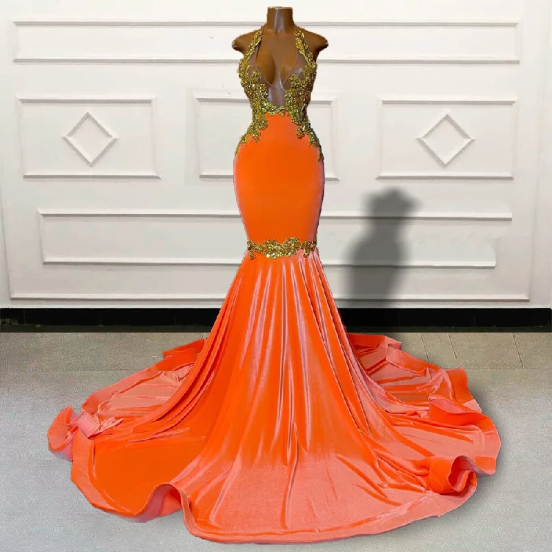 Gold Lace Orange Mermaid Long Prom Dresses for Graduation Party Sexy Sheer Mesh Backless Women Custom Formal Evening Gown