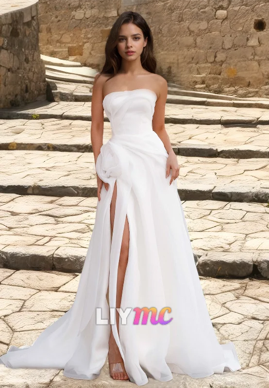 Off-Shoulder Sleeveless Side Slit Floral Embellished A-Line Wedding Dress