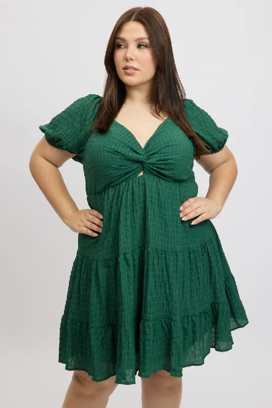 Green Textured Chiffon Twist Front Puff Sleeve Minidress