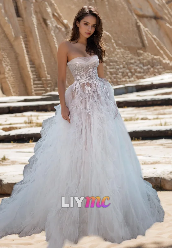 Sweetheart Strapless Tulle Pleated Appliques Ball Gown Wedding Dress