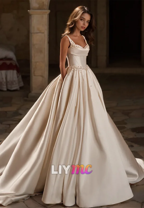 Sweetheart Straps Beaded Sleek Pleated Satin A-Line Wedding Dress