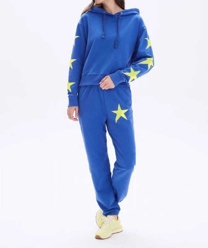 Neon Star Cropped Pullover Hoodie Top In Electric Blue