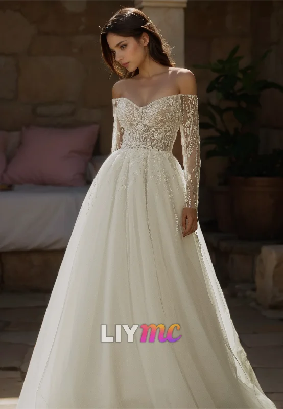 Off-Shoulder Long Sleeves Appliques Tulle Ball Gown Wedding Dress