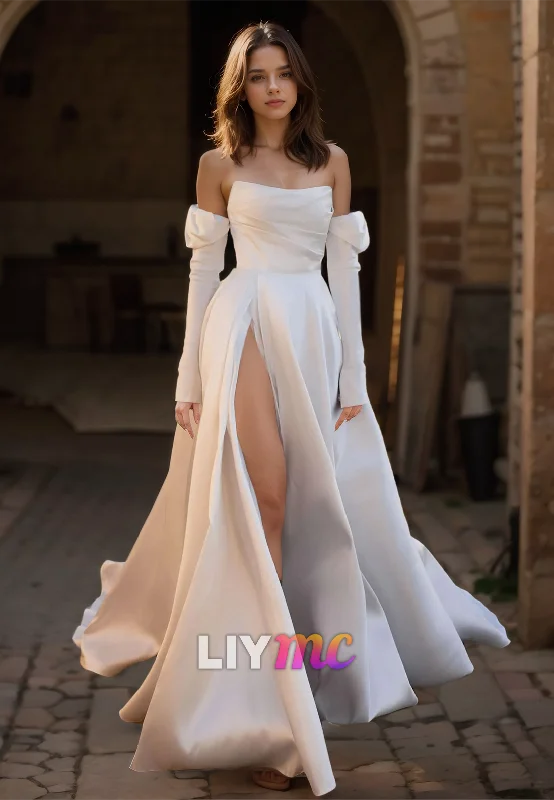 Off-Shoulder Sleeveless Pleated Side Slit Satin A-Line Wedding Dress