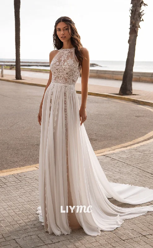 LW296 - Illusion Scoop Sleeves Lace Tulle A Line Boho Beach Long Wedding Dress