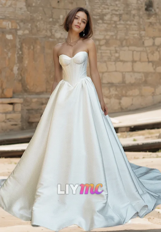 Sweetheart Strapless Pleated Satin A-Line Simple Wedding Dress