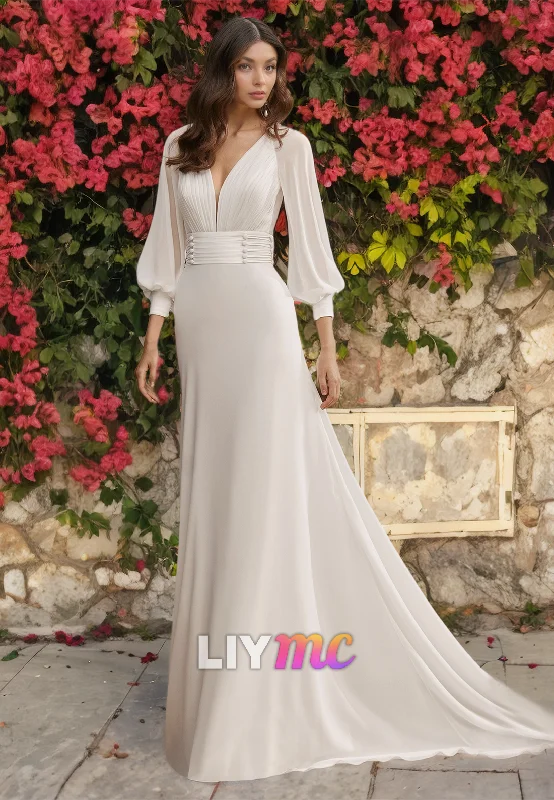 V-Neck Long Sleeves Pleated Sleek Boho Wedding Dress