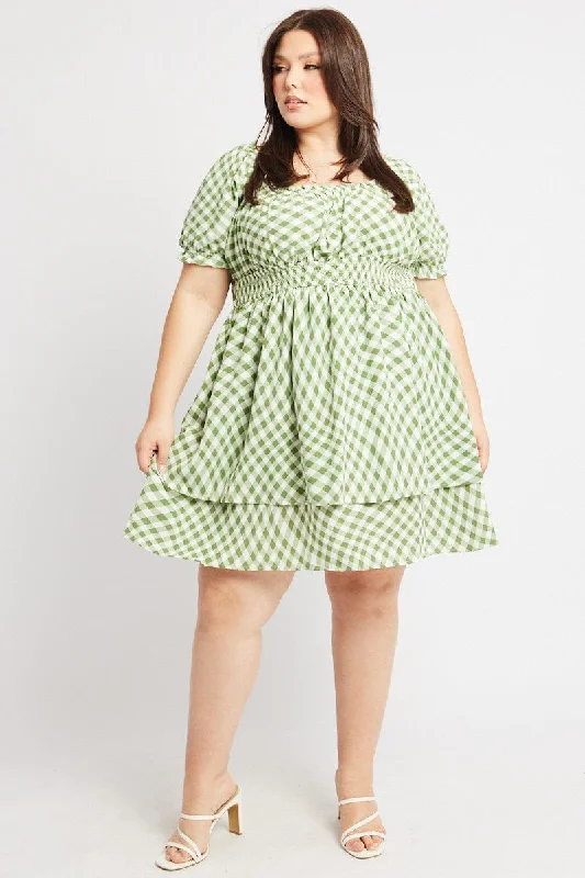 Green Check Shirred Waist Scoop Neck Minidress