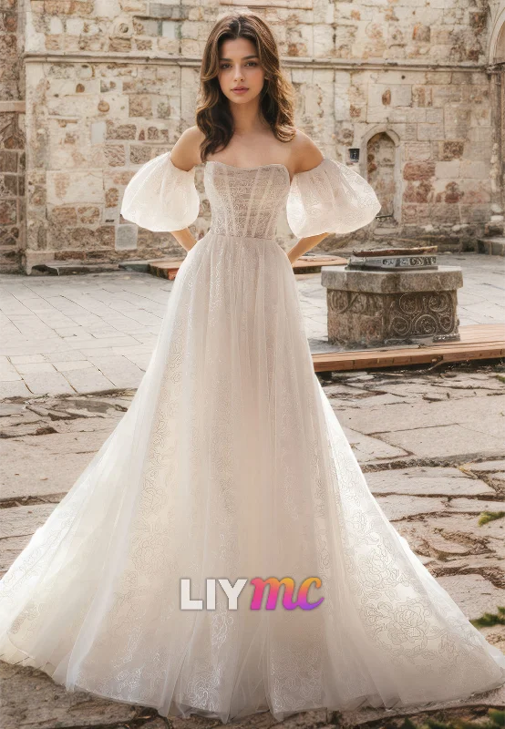 Off-Shoulder Puff Sleeves Appliques A-Line Ball Gown Wedding Dress