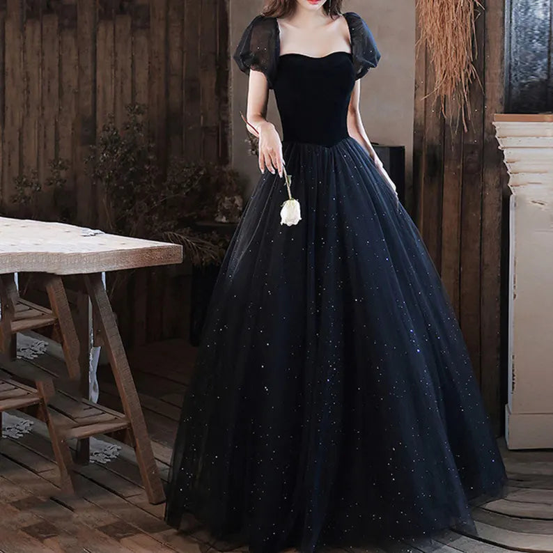 Evening Dress Sweetheart Neck Puff Sleeve Tulle Sequin Longuette Fantastic Elegant Formal Wear Dresses