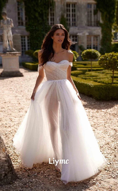 LW002 - A Line Sweetheart Ivory Tulle Boho Wedding Dress with Slit