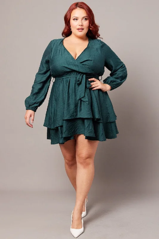 Green Tiered Cross Front Mini Dress