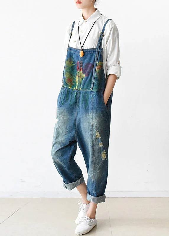 Art Blue Graffiti Denim Strap Jumpsuit Ripped Jeans Fall