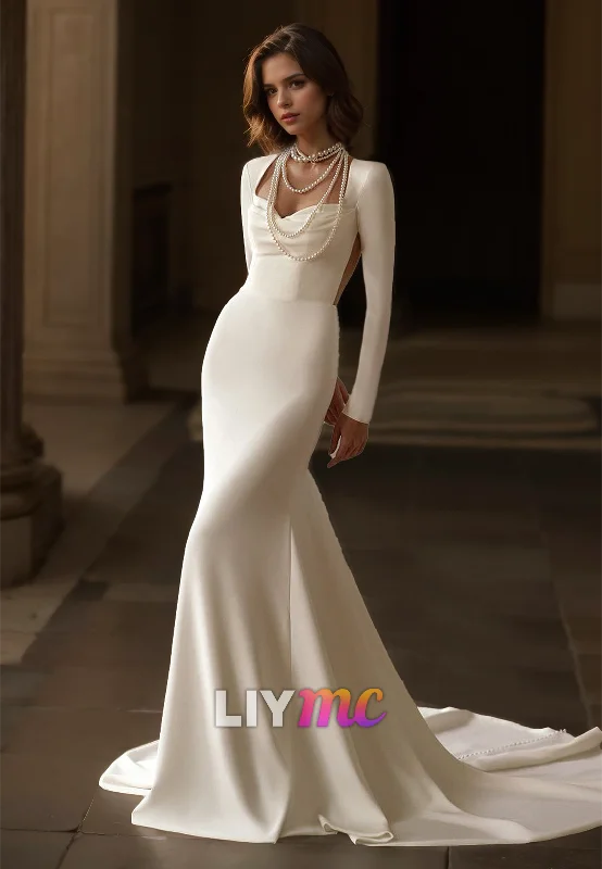 Sweetheart Long Sleeves Sleek Satin Mermaid Wedding Dress