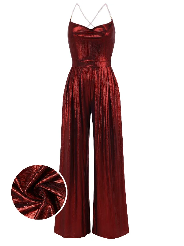 Wine Red 1970s Solid Metallic Strap Jumpsuit