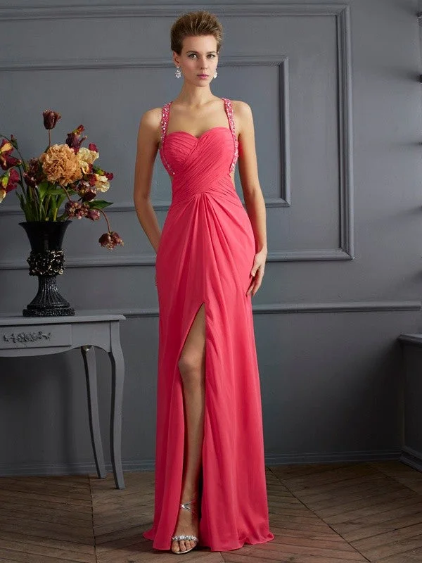 A-Line/Princess Sleeveless Strapless Beading Long Chiffon Dresses