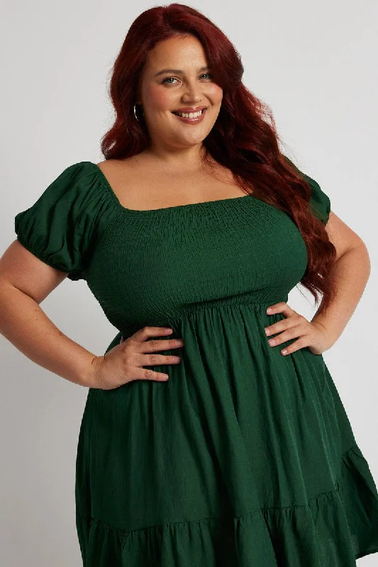 Green Fit And Flare Dress Short Sleeve Shirred