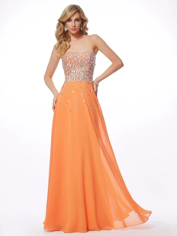 A-Line/Princess Sweetheart Sleeveless Rhinestone Long Chiffon Dresses