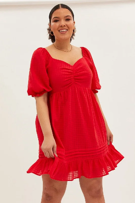 Red Fit And Flare Dress Short Sleeve Sweetheart Neck