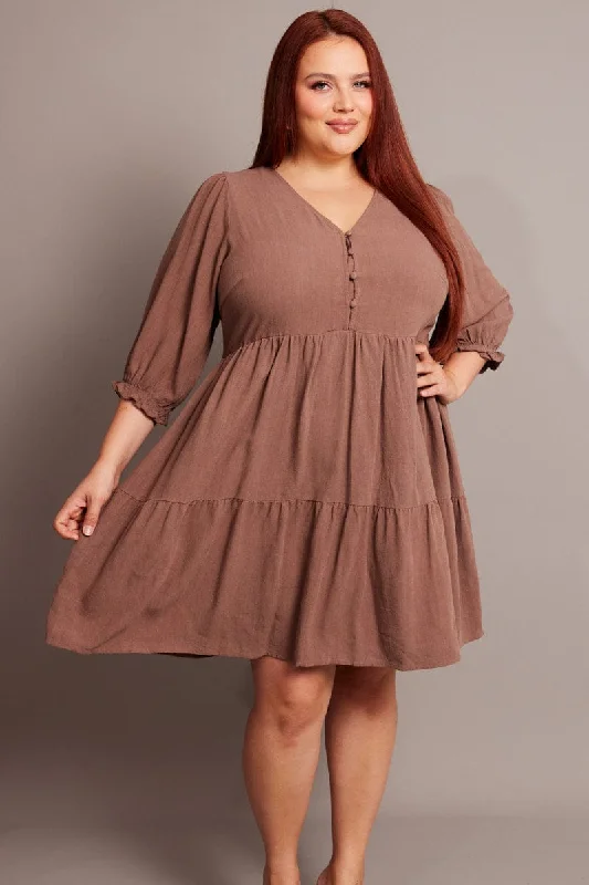 Brown V-neck Button Through Linen Blend Minidress